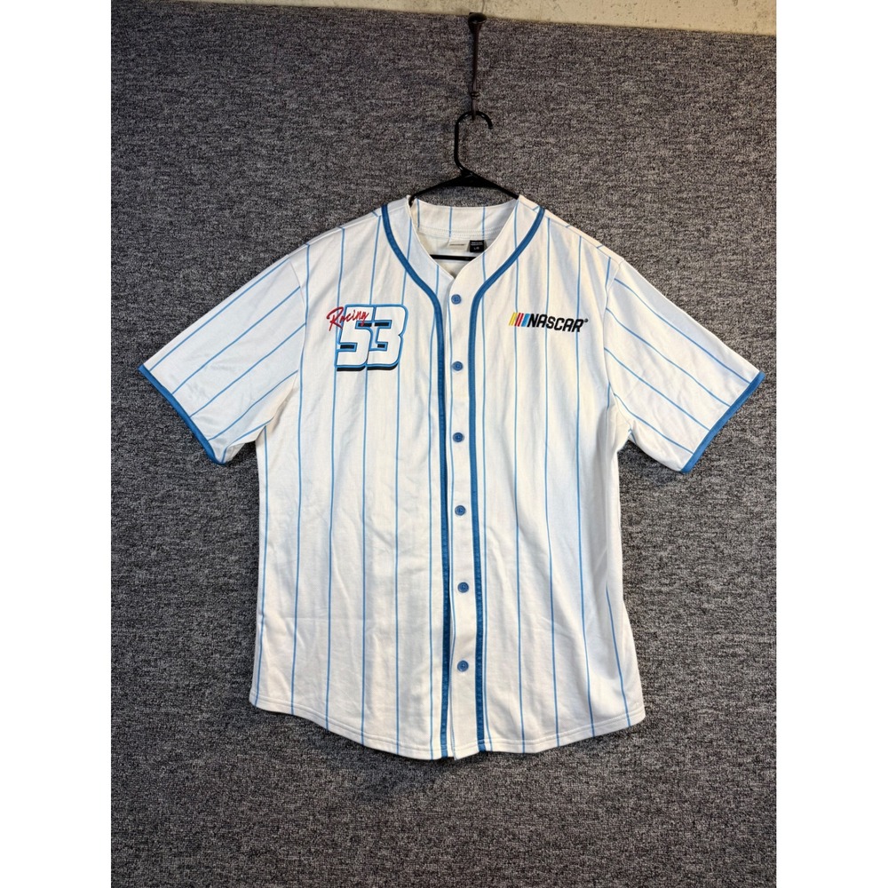 NASCAR Racing 53 Baseball Jersey White Blue Pinstripe Button Front Large